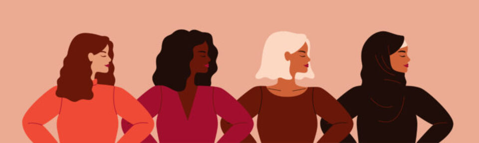 A drawing of four women of different ethnicities standing together on a pink background