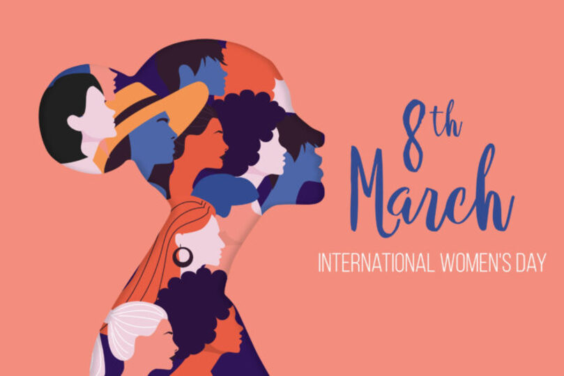 A woman's profile filled with drawings of other women with text reading "8th March International Women's Day"