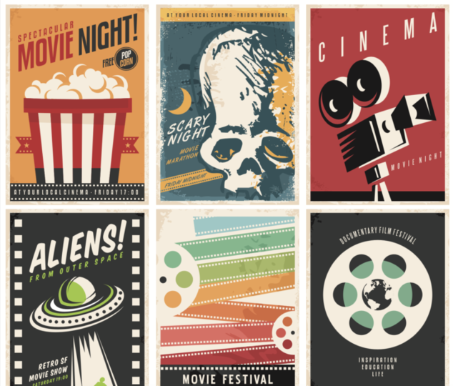 six different movie posters saying movie night, cinema, aliens, scary night, movie festival