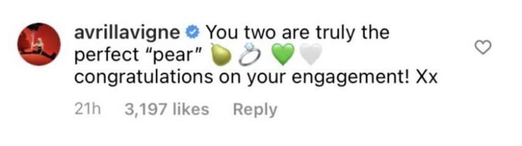Avril Lavigne commenting on Machine Gun Kelly's engagement