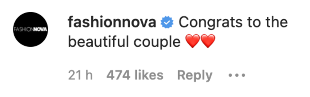 Fashion Nova commenting on Megan Foxs' engagement