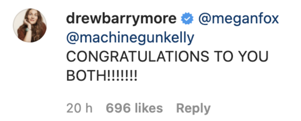 Drew Barrymore commenting on Megan Foxs' engagement