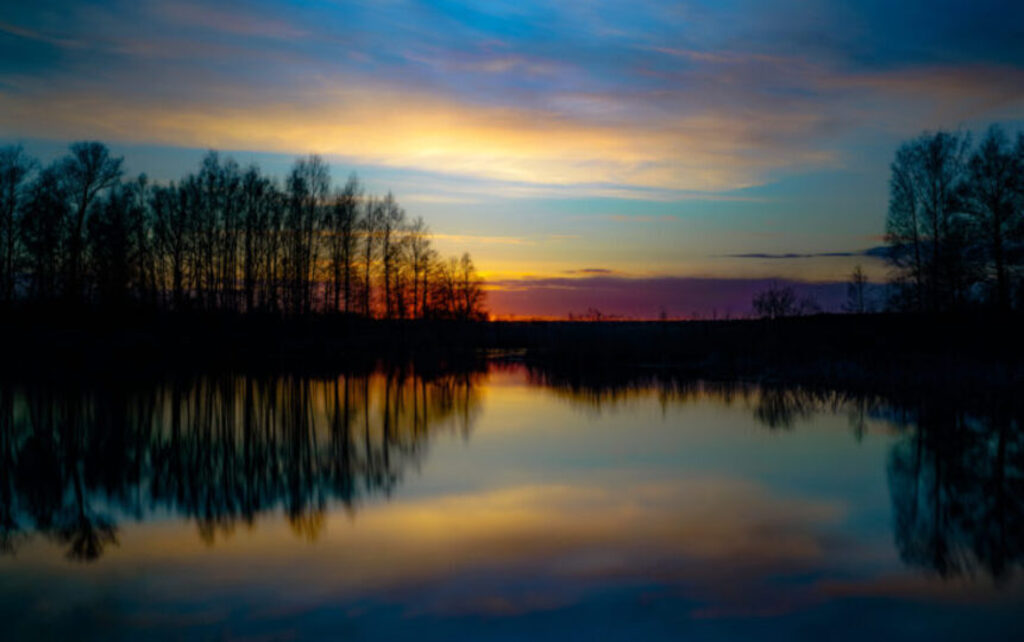 Sunset over a lake looking out to some trees 